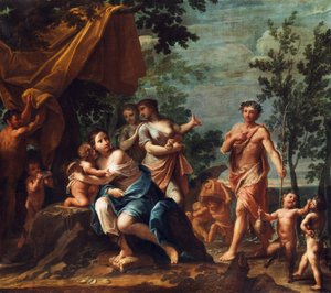 Apollo als Hirte nähert sich den drei Grazien, mit Venus, Cupido, Amoretten, Pan und Panskindern.